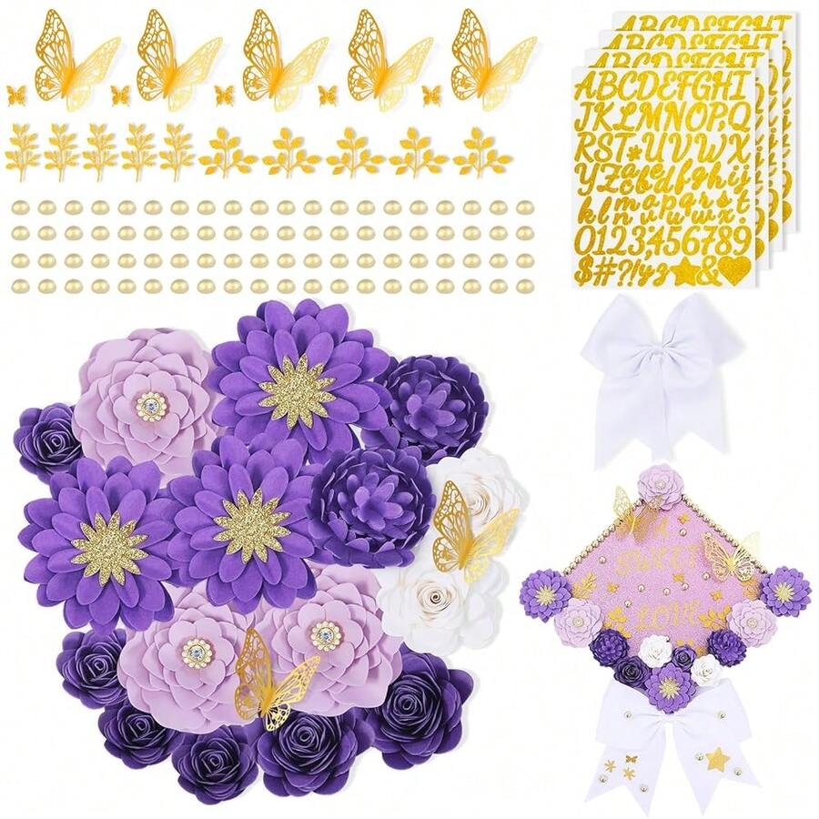 Paper Flowers For Graduation Cap Decoration Kit, Small Roses Flores For Crafts, 3D Flores For Shadow Box Projects,GradientPurple - 漸層紫 - 查看 1