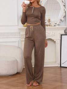 2 pièces Ensemble femme Top moulant à manches longues et pantalon de couleur unie, printemps/automne/hiver - Tabac - Voir 5