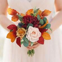 1 باقة زفاف خريفية للعروس والوصيفات باللون البرتقالي المحترق والسج الاصطناعي، باقة وصيفات للزفاف والحفلات الراقصة، ترتيبات زهور، ديكور الزفاف، ديكور منزلي للحفلات، اكسسوارات عيد الحب - البرتقالي مرهق - مشاهدة 2