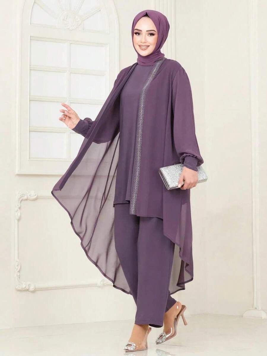 3 Pieces Women's Casual Solid Color Jacket, Top And Pants Set Spring