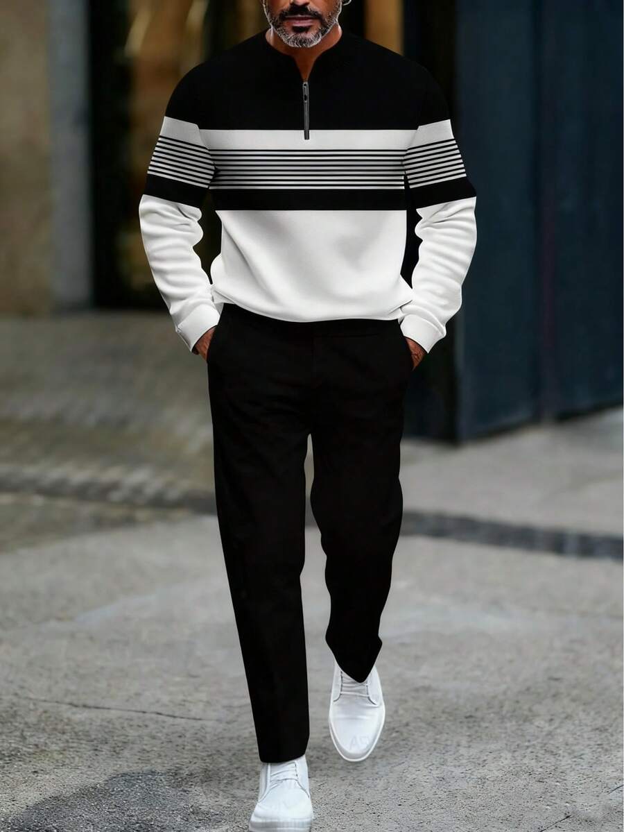 New Men's 2-Piece Simple And Versatile Casual Set For 2025, Featuring A Personalized Geometric Color Blocked Men's Half Zipper Top And Men's Solid Color Casual Loose Straight Leg Pants, Suitable For Daily Commuting - Nhiều màu - Xem 1