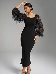 Fuaheng Sweetheart Neck Fringe Sequins Lantern Sleeve Midi Evening Party Cocktail Dress - Black - View 5