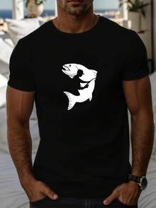 Camiseta de manga corta de color sólido para hombres con estampado gráfico de pesca - Camiseta casual de verano de cuello redondo de longitud corta adecuada para viajes de pesca y actividades al aire libre - Base de color sólido para capas (lavado a mano/secado) - Negro - Ver 1