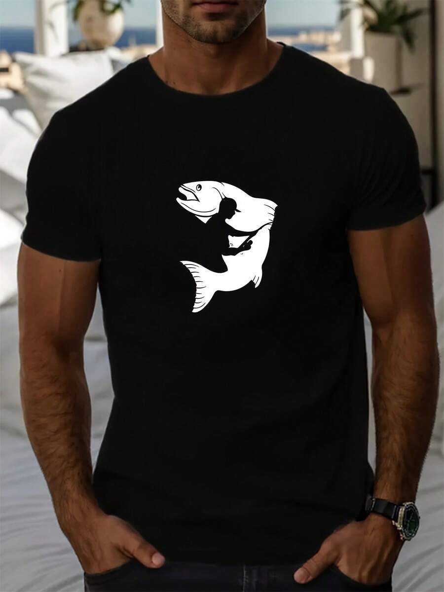 Camiseta de manga corta de color sólido para hombres con estampado gráfico de pesca - Camiseta casual de verano de cuello redondo de longitud corta adecuada para viajes de pesca y actividades al aire libre - Base de color sólido para capas (lavado a mano/secado) - Negro - Ver 1