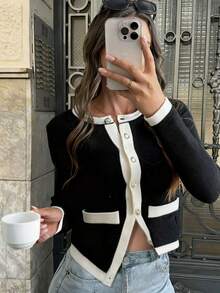 MORI Colorblock Round Neck Long Sleeve Knit Sweater, New Minimalist Fashionable Elegant Commuter Style Cardigan, Casual Versatile Daily Jacket, Knitwear Outerwear, Must-Have For New Year - Black - View 6