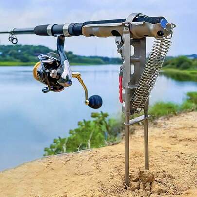 Automatic Stainless Steel Double Spring Folding Fishing Rod Holder, Upgraded Version With High Sensitivity Double Spring, Spring-Loaded Fishing Rod Holder With Lifting Function, Suitable For Ground Support