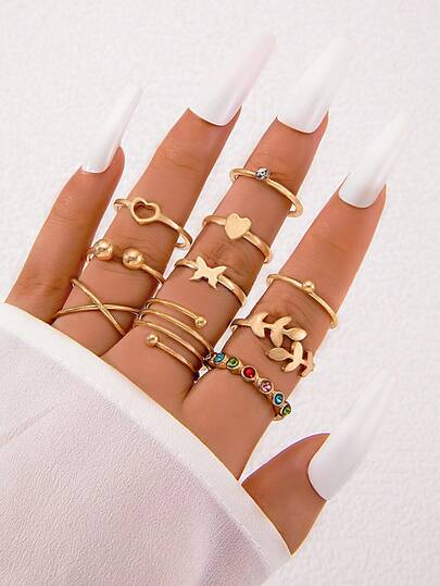 10件套简约合金水钻叶子、蝴蝶、心形基础戒指套装，女士休闲礼物（水钻数量不定，颜色随机）