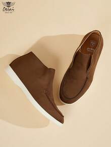 DESAI 1 Pair Men's High-Top Pigskin Suede Loafers, Casual Leather Slip-On High-Top Ankle Boots, Retro Flat Casual Ankle Shoes - Khaki - View 2