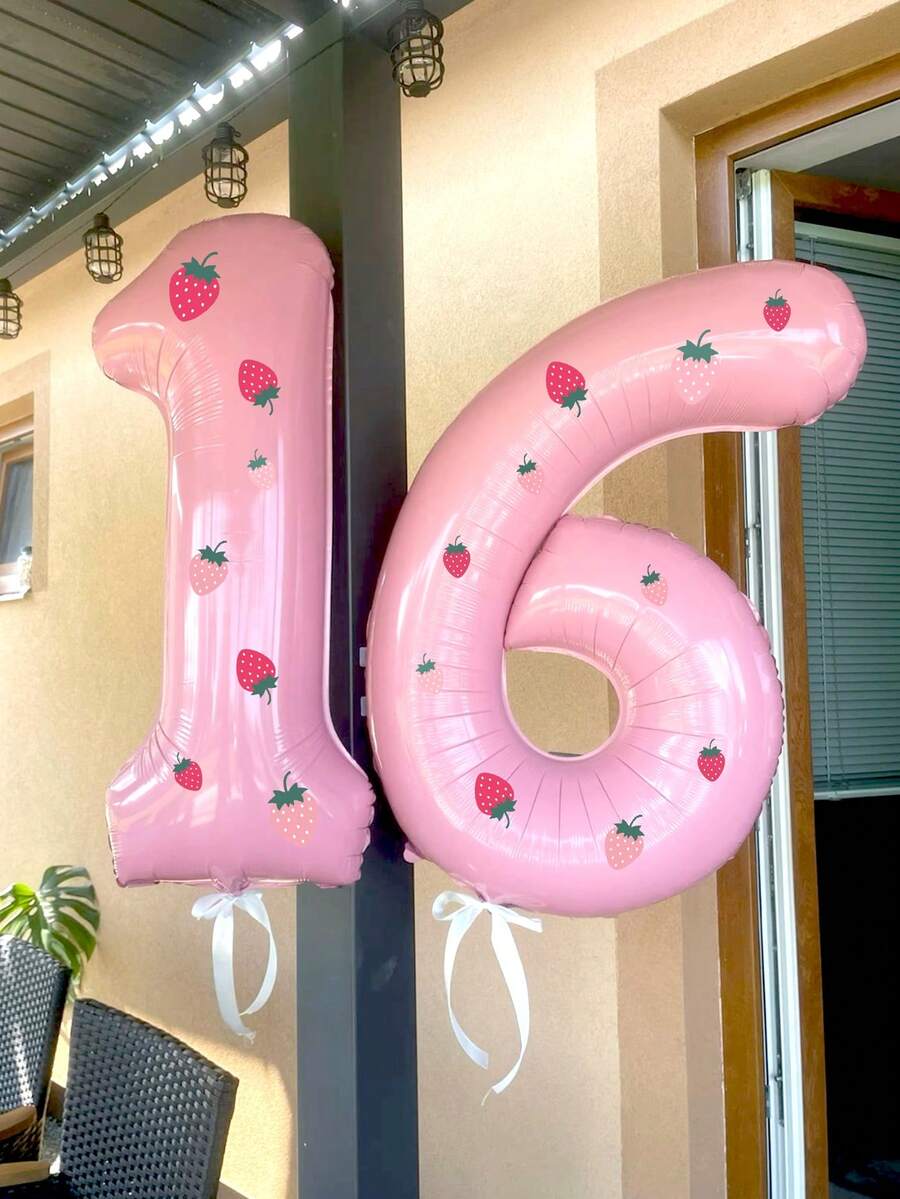 1件 32吋糖果粉數字鋁箔氣球與9件/組草莓貼紙，生日裝飾、草莓主題、場景佈置、房間裝飾、淋浴派對、拍照道具、週年紀念、婚禮、生日派對裝飾用品 - 彩色 - 查看 1