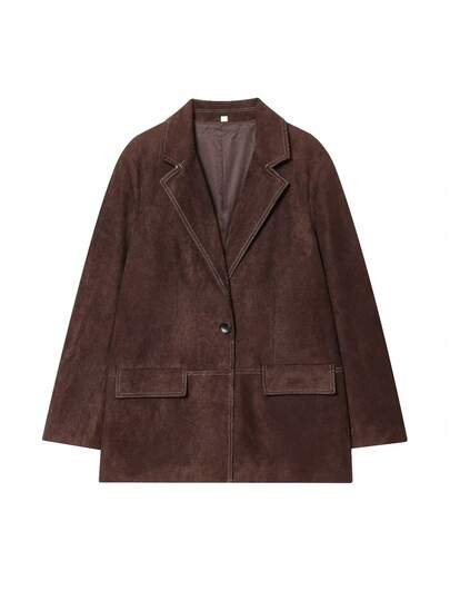 SHIBASHAN Women Vintage Suede Leather Blazer Warm Winter Notched Lapel Button Down Regular Fit Business Jacket Suit Coat