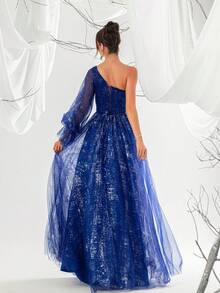 VIPGIRL Vestido de noche de una sola manga con linterna de malla azul marino para mujeres - azul real - Ver 2