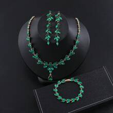 4pcs/Set High-End Women Jewelry Set, Necklace, Earrings, Bracelet, 3pcs Bride Wedding Party Accessories - Green - View 7