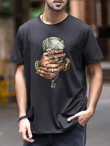 Men Dollar & Hand Print Drop Shoulder Tee - Black - View 2