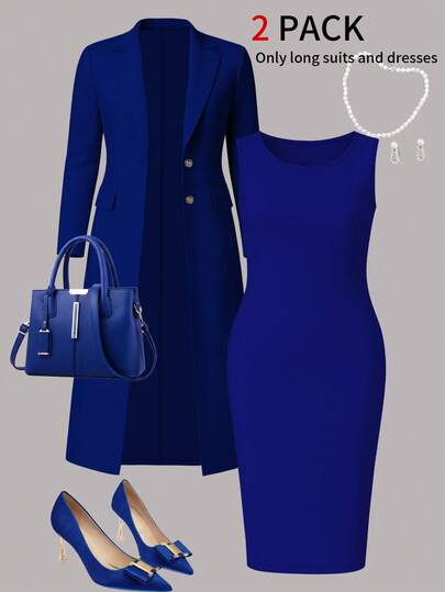 Plus Size Women Elegant 2 Pieces Set, Solid Color Minimalist Versatile Long Blazer Cardigan + Bodycon Mid-Length Dress, Suitable For Daily Commute, Autumn/Winter