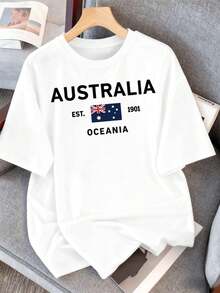 T-shirt graphique drapeau australien, style streetwear hip-hop, respirant, imprimé artistique - Blanc - Voir 2