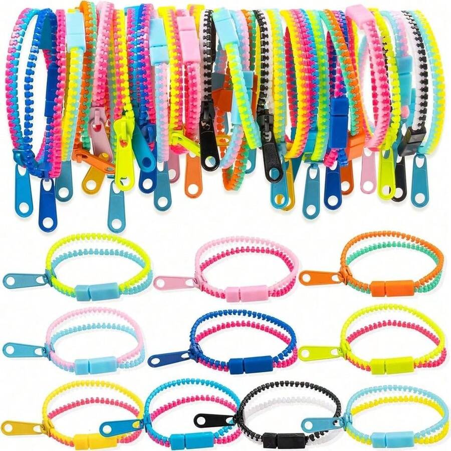 10PCS Zipper Bracelets Anti Stress Fidget Toys Birthday Party Favors Goodie Pinata Fillers Sensory Bulk Set Neon Colors Christmas Wedding Guests Gift - 彩色 - 查看 1