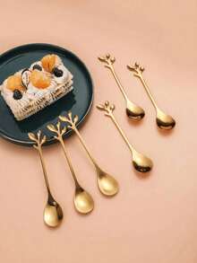 5pcs Stainless Steel Spoon With Creative Leaf Design, Suitable For Table Decoration,Valentine's Day - Gold - View 5