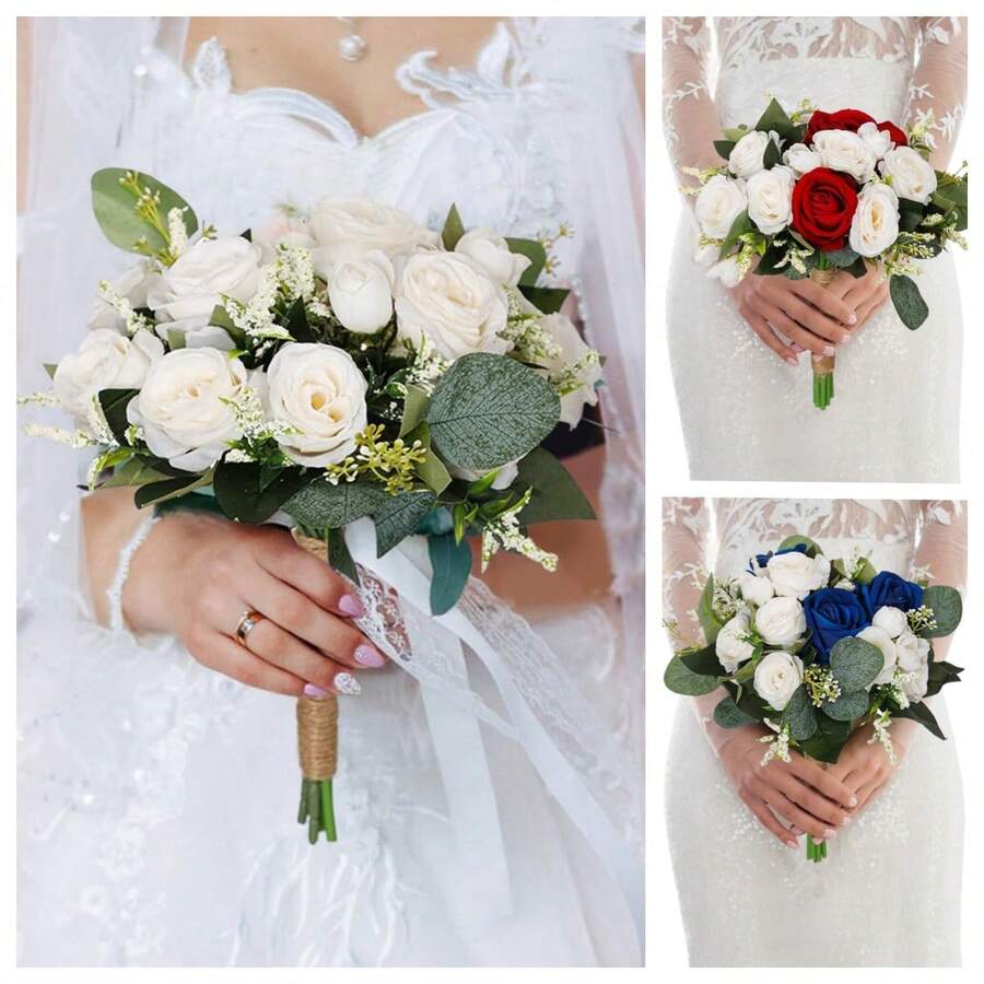 新娘伴娘婚礼捧花，白色香槟色人造玫瑰花婚礼装饰，象牙色人造花束，适用于派对、仪式、周年纪念、餐桌摆饰，圣诞节装饰，情人节配饰 - 白色 - 查看 1