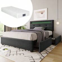 Estrutura de cama com iluminação LED e 2 gavetas, cama de solteiro estofada 90x200cm, cabeceira ajustável em altura, estrado de ripas de madeira, cinza (colchão não incluído) - Cinza 3 - Ver 2