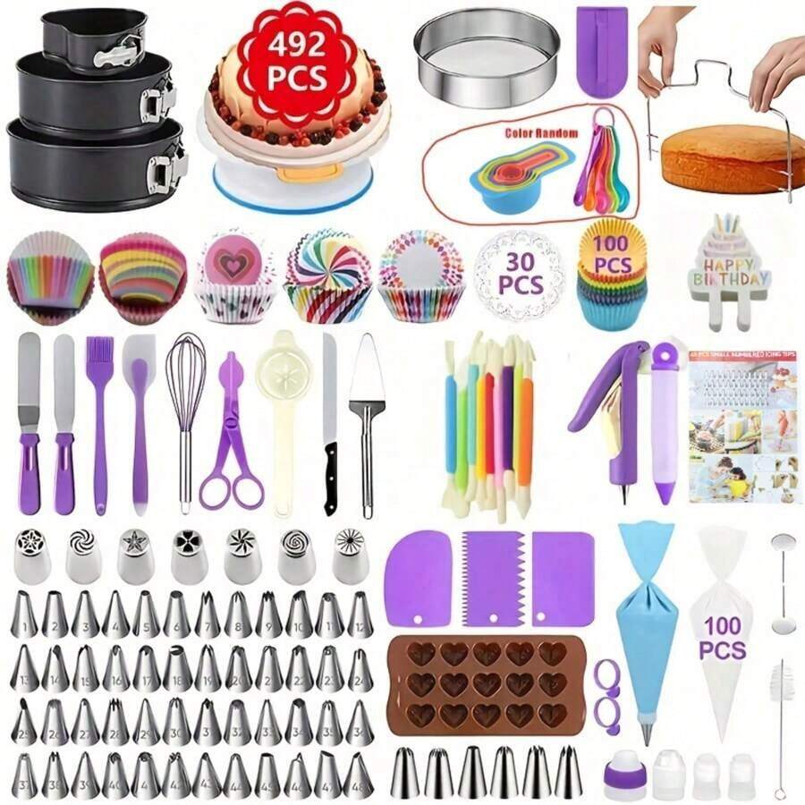 492 Pcs Cake Decorating Kit With Baking Supplies- Cake Turntable For Decorating With Baking Pans, Leveler, 48 Numbered Piping Tips, 2 Spatulas,Cream Decoration Tips, Decorative Bags & More - Multicolor - View 1