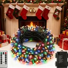 1串户外LED灯串，33英尺/100颗LED灯珠，电池供电，带遥控器，8种模式，6小时亮/18小时灭，防水，适用于圣诞树、花园、派对、节日、家居装饰、生日礼物（多色）