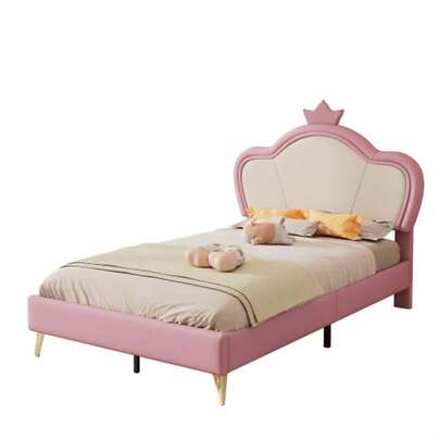 Upholstered Children's Bed With Soft Protective Edges, Molded Headboard, Metal Legs, Elegant Padded Profile, Single, Polyurethane, Pink And White, 90 X 200 Cm