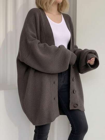 Women's Knitted V-Neck Long-Sleeved Cardigan With Buttons, Mid-Length Stretch Comfortable Sweater, Simple Classic Versatile Casual, Comfortable And Fashionable Winter Coat