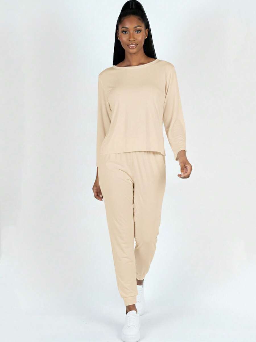 2pcs Pajama Sets For Women Solid Long Sleeve Tee & Pants PJ Set - 米色 - 查看 1