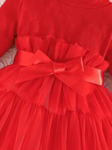 Baby Girls Autumn New Sweet Cute Solid Ribbed Mesh Ruffle Hem Dress + Belt, Sweet Princess Fashion - Red - View 4