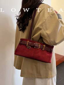 1pc Low Tea Solid Color Suede Fabric Shoulder Bag, Women's Retro Fashion Square Shoulder Bag With Top Double Handles, Zipper Closure, Suitable For Travel, Shopping, Dating, Women's Gift, Great For Commuting, Outdoor, Travel, Hiking - Burgundy - View 7