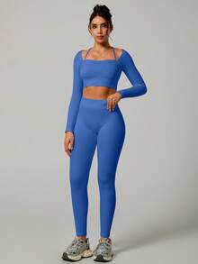 NcmRyu 1 Set Women's Fashion Square Neck Ribbed Seamless Long Sleeve Top And Pants Activewear Set - Blue - View 7