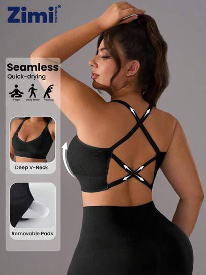 Zimi Collection 1個 プラスサイズ女性シームレスコットンスポーツブラキャミソール、1XL-5XL、ブラック、取り外し可能パッド、クロスバック、フィットネス、ヨガ、ランニングに適しています