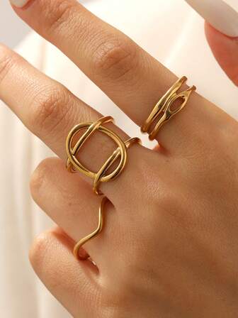 3 st/set moderiktiga minimalistiska geometriska linjer i rostfritt stål, justerbara öppna ringar, lämpliga för kvinnors vardags-, fest- och dejtkläder