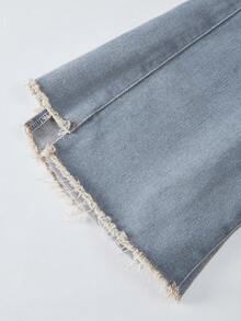 少女款松紧腰带口袋不对称下摆休闲喇叭牛仔裤 - 藍色 - 查看 7