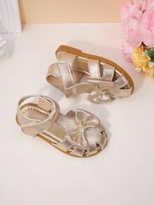 1双女童金色亮片蝴蝶结凉鞋，配金属PU皮鞋包，低帮魔术贴平底鞋，甜美公主风凉鞋，夏季演出/日常穿着 - 金色 - 查看 6