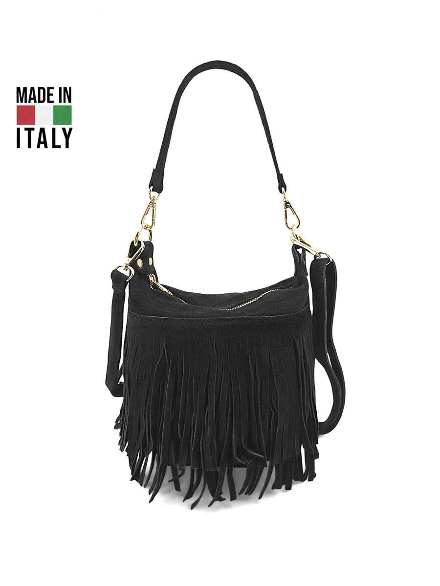 Women's Shoulder Bag. Made In Italy. Made Of Genuine Leather. Travel, Vacation, Work, Commuting. Y2k. Versatile. Multiple Colors Available. - D23 Black - View 1