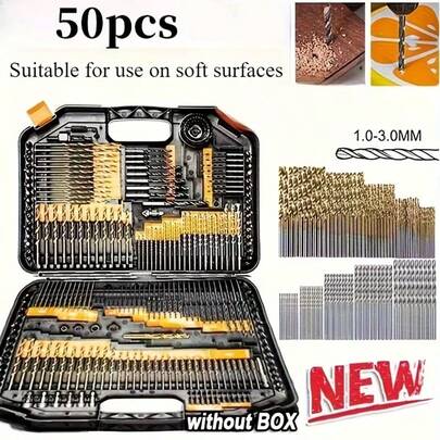 50 piezas Juego de brocas de acero de alta velocidad con recubrimiento de titanio y diseño de ranura espiral para trabajar metal y madera - 1-3mm, estructura de acero inoxidable, adecuado para taladro de mano y bricolaje, tamaños mixtos duraderos