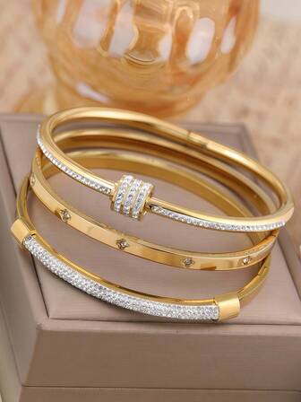 奢华18K镀金不锈钢首饰套装，女士款，金色手镯，ins风闪亮多层手链，母亲节礼物，圣诞节、感恩节、万圣节、婚礼首饰、周年纪念日、情人节礼物，波西米亚风日常派对必备