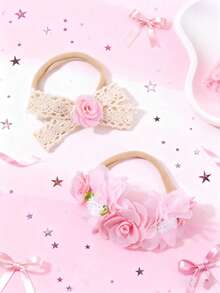 3pcs/Set Floral Lace Trim Soft Stretchy Baby Headbands, Cute Bow Decor Girl Hair Accessories Set - Multicolor - View 2