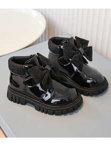 1 Pair Kids Fashion New Smooth PU Hook And Loop Design Butterfly Rhinestone Decor Non-Slip Soft Durable Chelsea Short Boots For Outdoor - Black - View 13