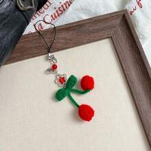 Winter Story New Handmade Knitted Cherry Beaded Five-Pointed Star Sweet Cherry Yarn Craft Phone Lanyard, Phone Charm, Earphone Charm, Bag Charm