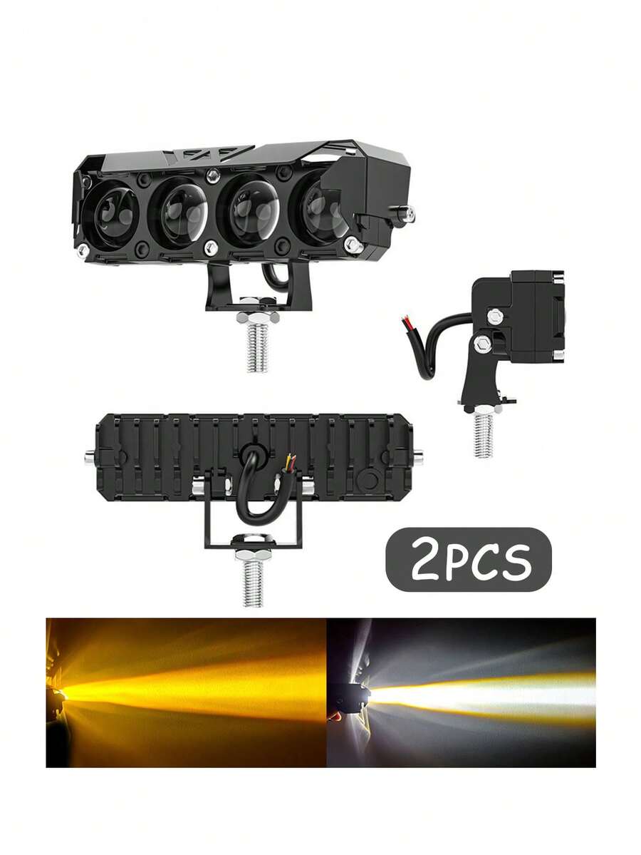 2 Pcs Dual Color LED Four Spotlights, Auxiliary Headlights, For Car And Motorcycle - Black - View 1