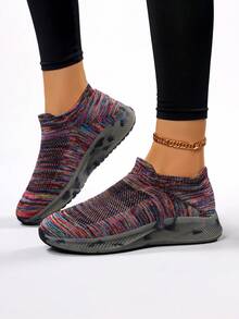 Women Multicolor Knit Slip-On Sneakers Breathable Comfortable Casual Walking Shoes - Red - View 13