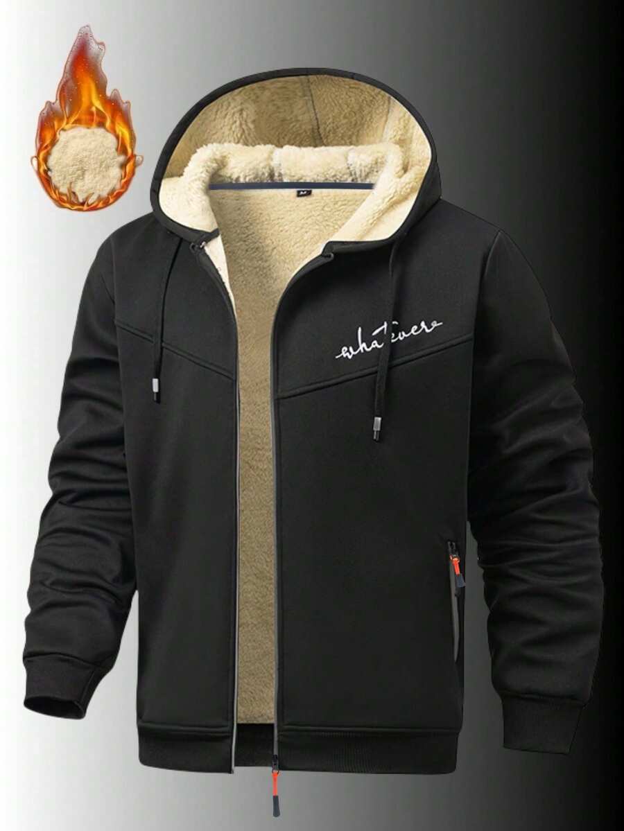 男士长袖保暖连帽拉链外套，休闲羊羔绒内衬外套 - 黑色 - 查看 1