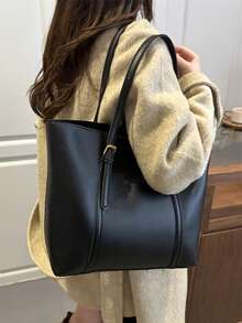 Bolso de hombro de color contrastante de moda, bolso de tela versátil y vintage para ir al trabajo - Negro - Ver 7