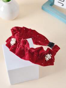 1件装女童新款天鹅绒褶皱珍珠水钻发箍，日常佩戴百搭，2026新年款 - 紅色 - 查看 5