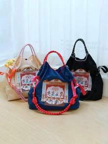 1 pieza Bolso de mano de viaje de gran capacidad con asa de tracción, bolso de nailon con patrón bordado de obra de teatro de moda - Multicolor - Ver 2