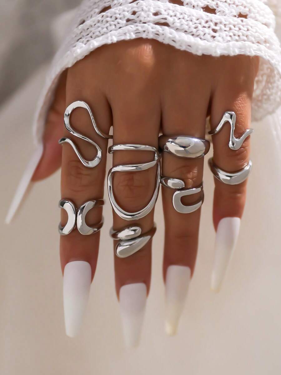 8pcs/Set Fashionable Bohemian Geometric Hollow Asymmetric Abstract Design Adjustable Gold Rings Set, Women Jewelry Accessories - Silver - View 1