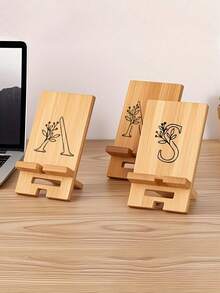 Initial A-Z Portable Phone Holder, Carving Techniques Diy Detachable Assembly Phone Holder, Creative Integrated Folding Phone Holder, Carving Flower Letter Patterns With Lines, Slouchy Desktop Retractable Phone Holder - Khaki - View 8