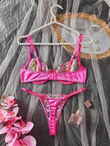 Women's Sexy Adjustable Strap Lingerie Set With Butterfly Embroidery Design, Padded, Red - Hot Pink - View 2